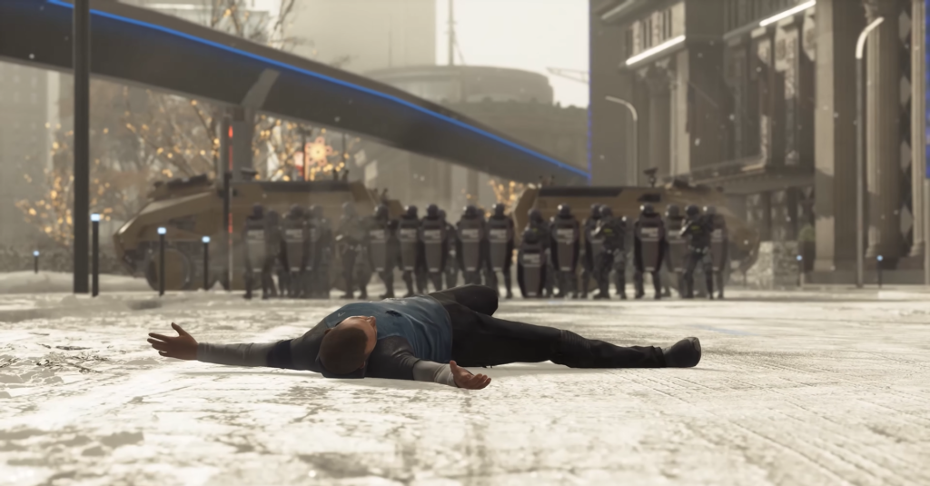 Man lying on snowy street before riot police