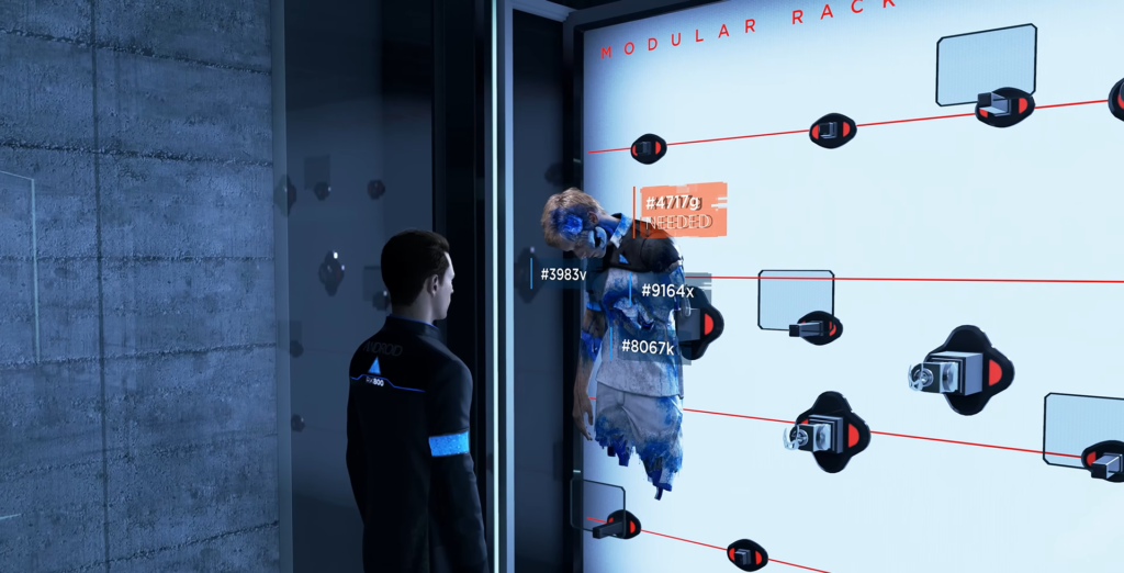 Connor inspects blue hologram at modular rack wall