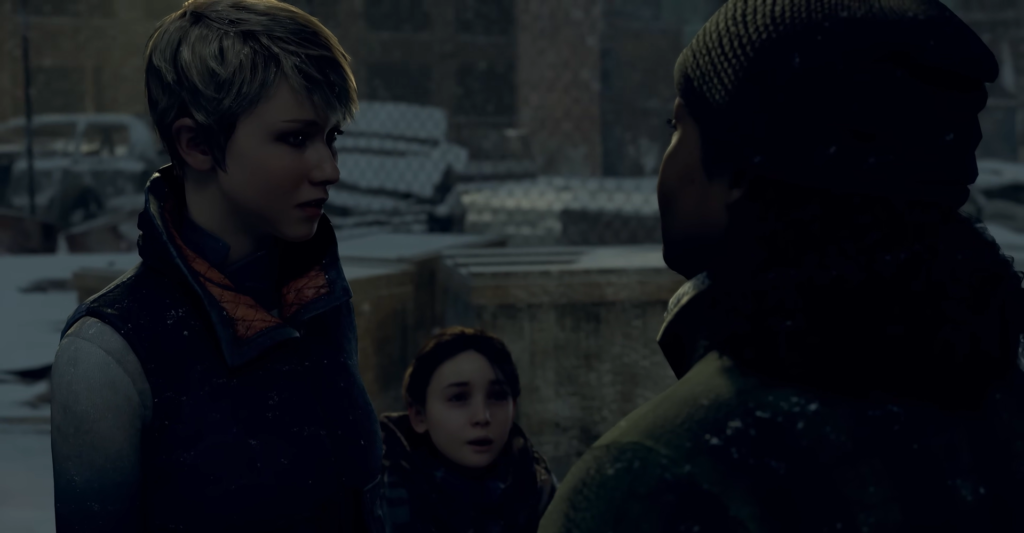 Kara talks to man in snowy Detroit yard