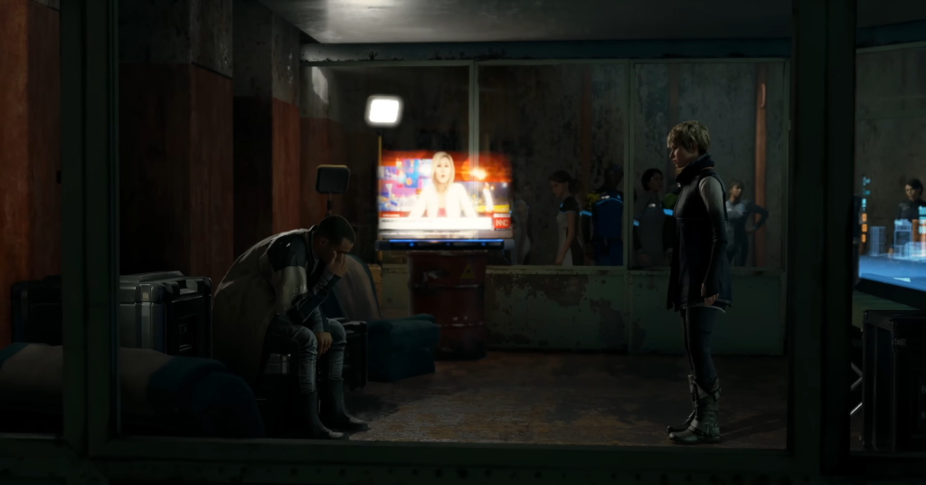 Connor and Kara stand in dim room with TV