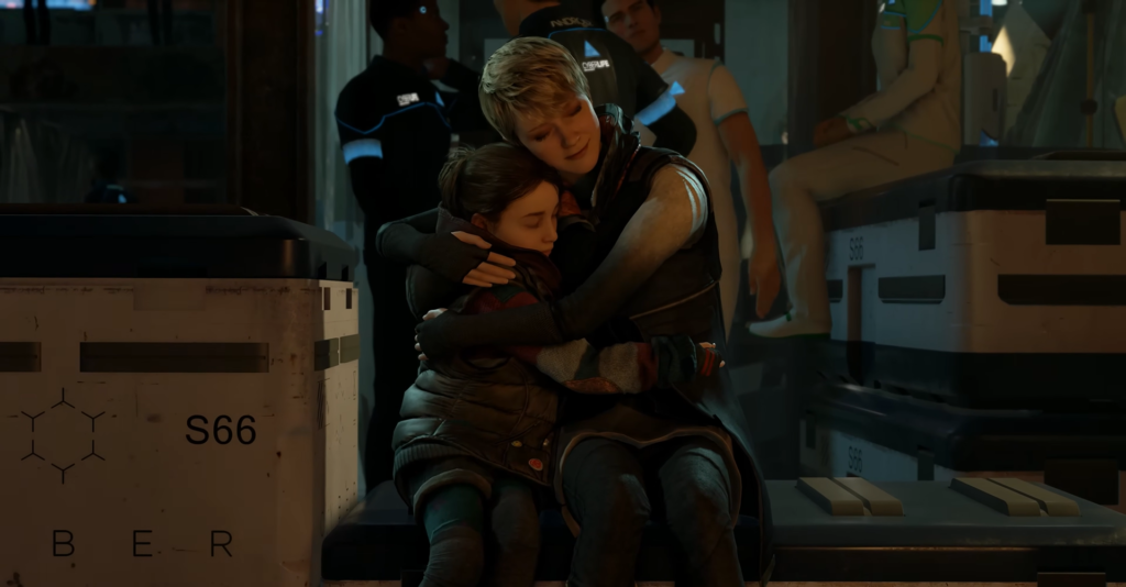 Kara hugs Alice on bus in Detroit: Become Human