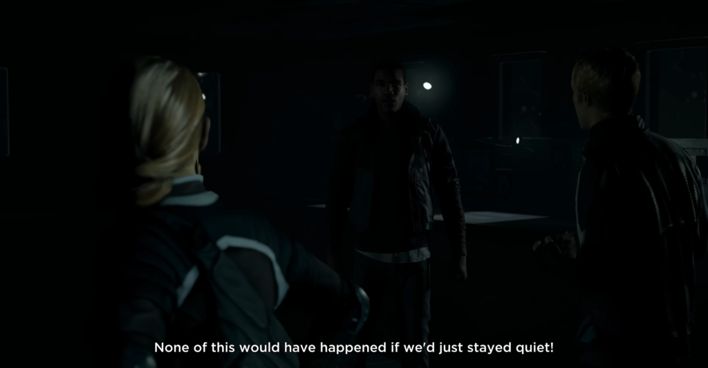 Three people arguing in a dark room