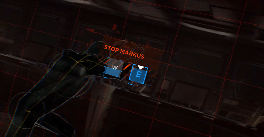 Android reaches toward Markus in futuristic room