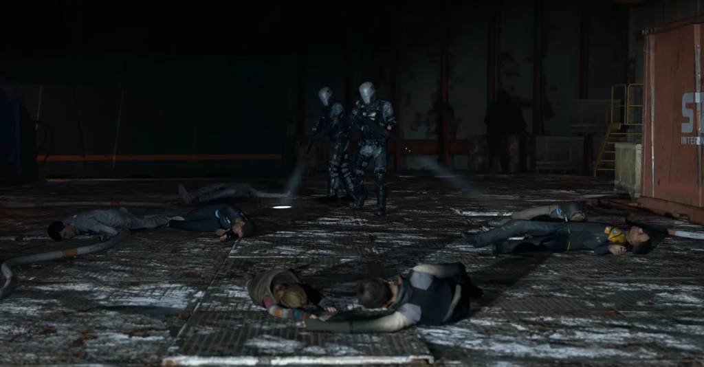 Armored soldiers walk past bodies in dark warehouse