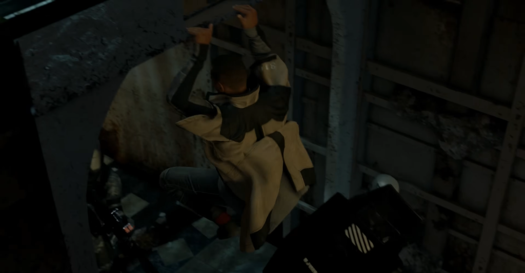 Person climbing ladder inside dark metal structure