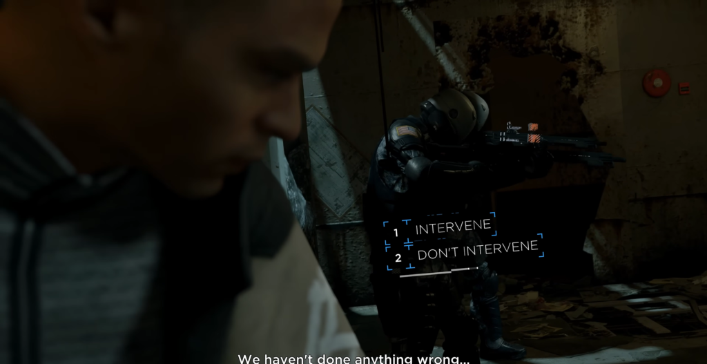 Soldier aims rifle beside intervene prompt indoors