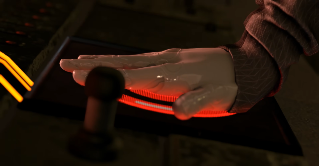 Gloved hand presses red-lit control panel in cockpit