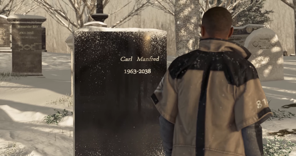 Markus from Detroit: Become Human stands at graveyard tombstone