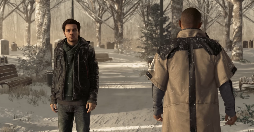 Two men standing in snowy park walkway