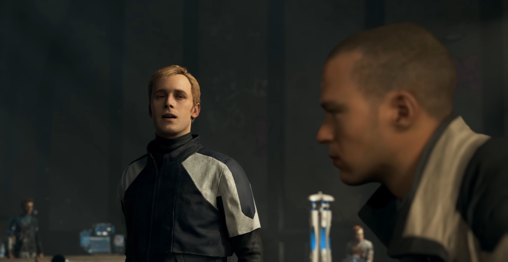 Two men talking in futuristic indoor facility