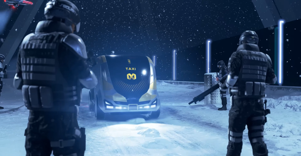 Armed soldiers surround taxi vehicle on snowy road at night