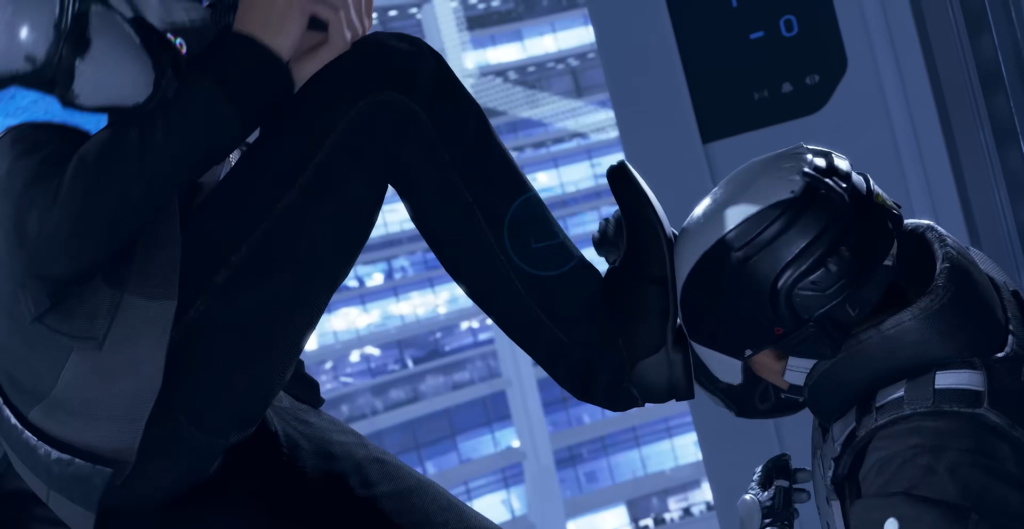 Woman kicking helmeted soldier inside blue-lit building