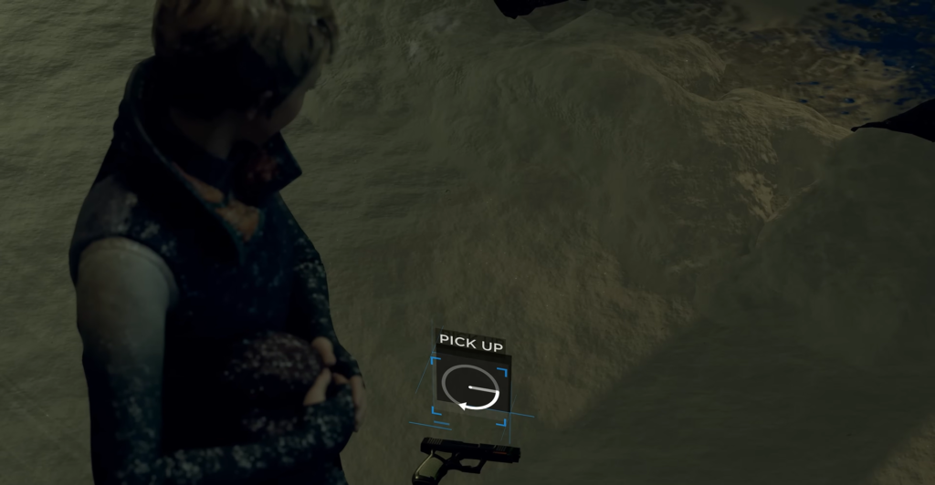 Man holding baby beside snowy ground in game