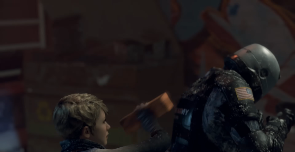 Boy hits armored soldier with brick in street