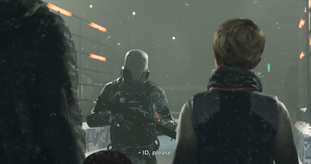 Armored soldier checks ID at snowy checkpoint