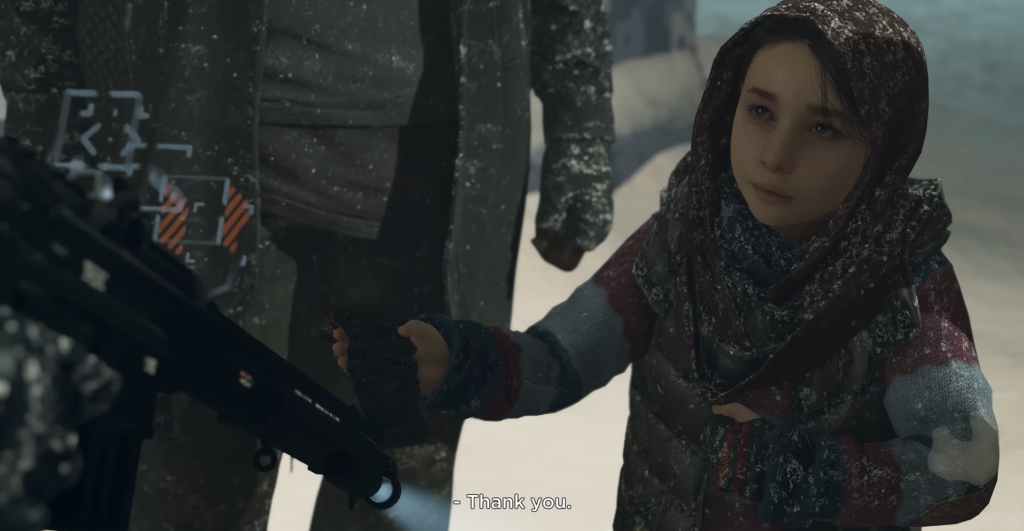 Girl holds adult's hand in snowy street