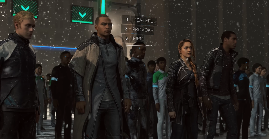 Markus leading androids in snowy street, Detroit: Become Human