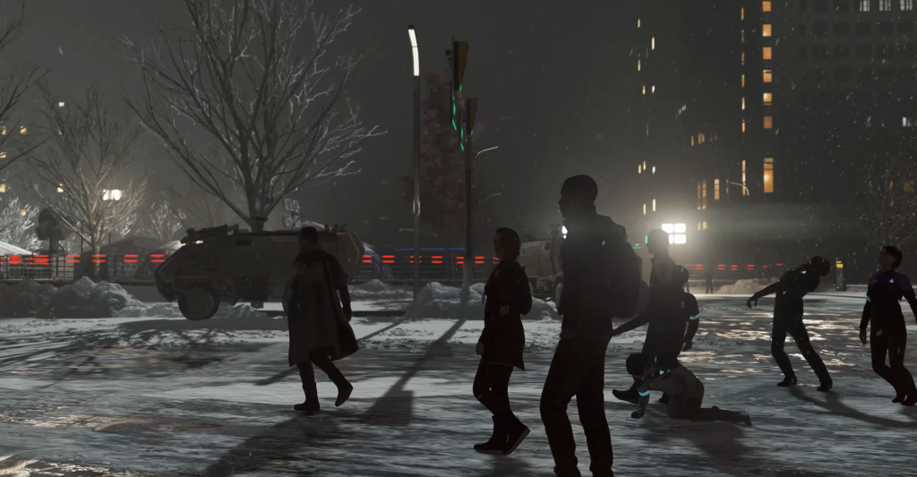 People walking on snowy city street at night