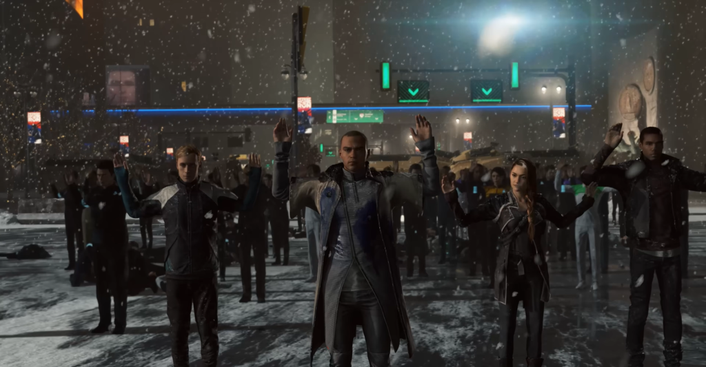 Detroit: Become Human androids raise hands in snowy street