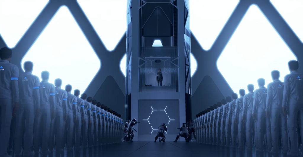 Androids lined up facing platform in futuristic hall