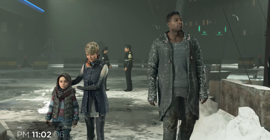 Woman and child walking in snowy city street