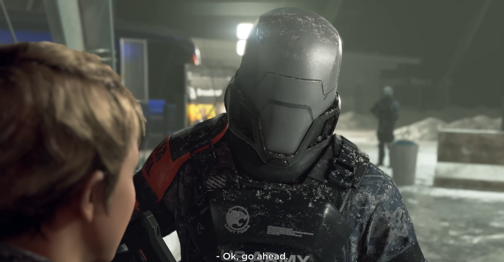 Armored soldier talks to boy in snowy street