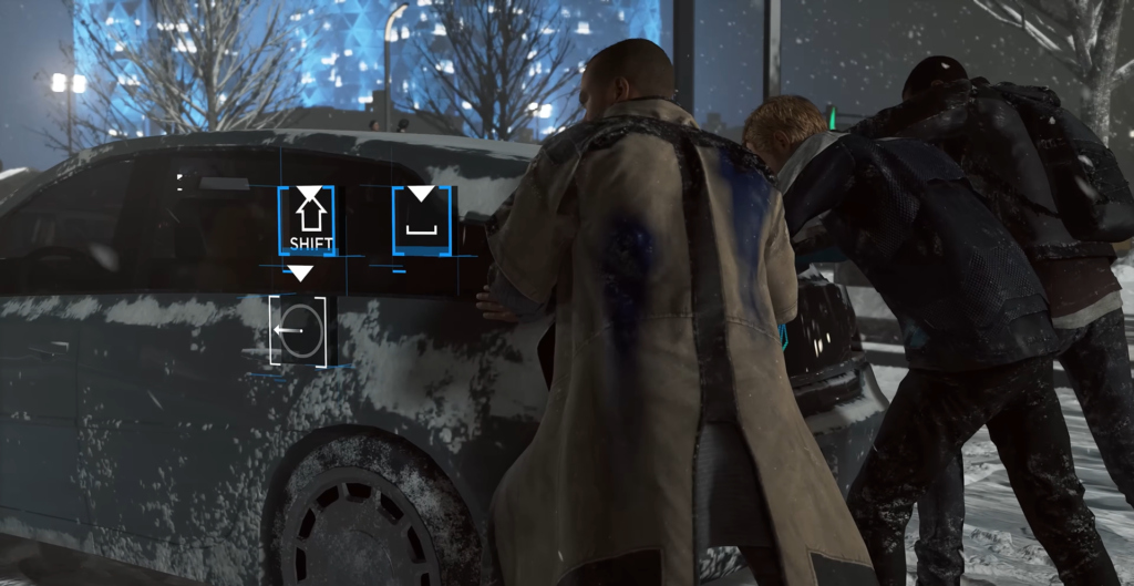 Men push car in snowy street at night