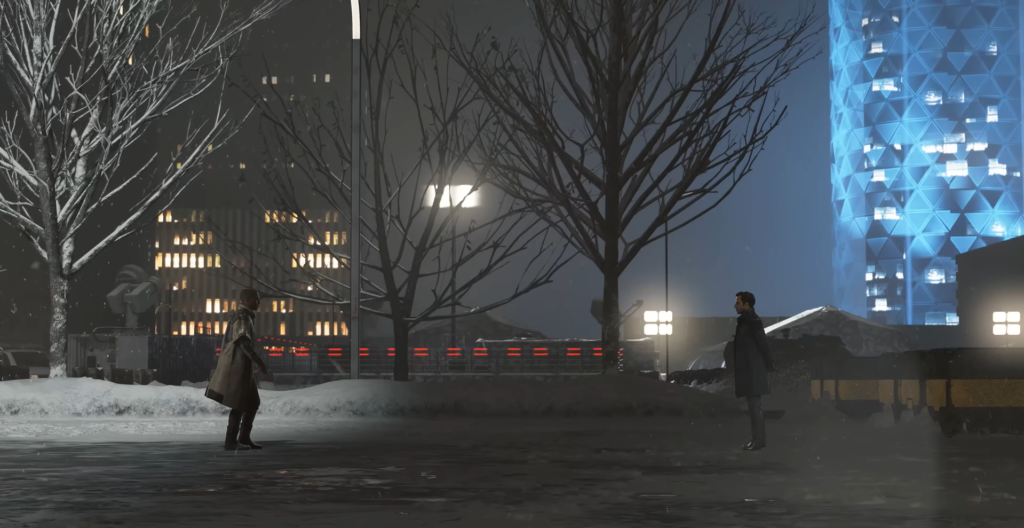 Two people face each other in snowy city plaza
