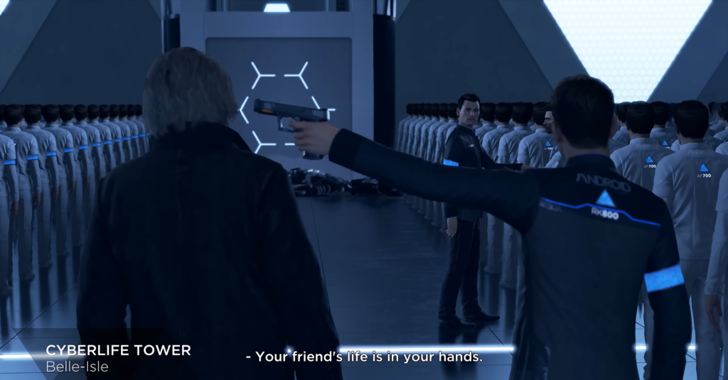 Connor from Detroit: Become Human aims gun in CyberLife Tower