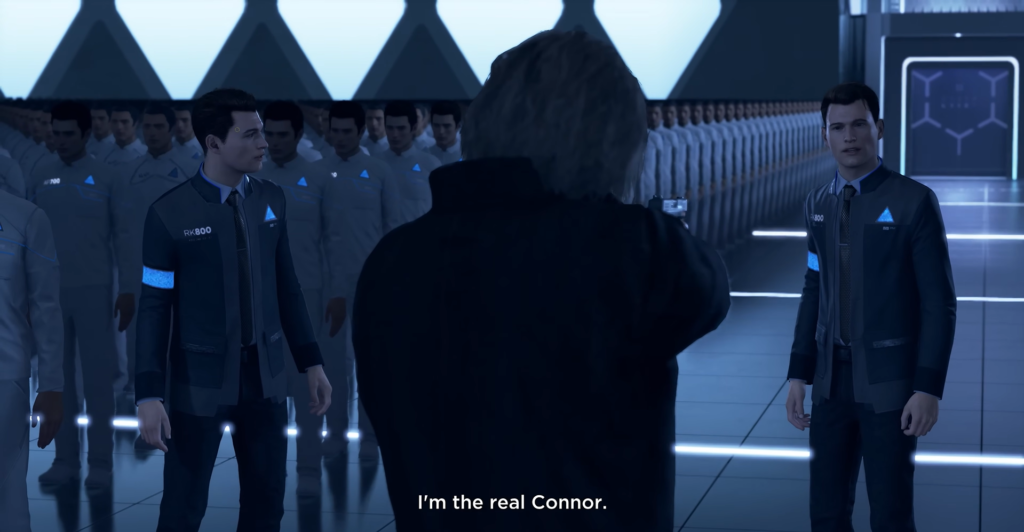 Connor androids facing each other in futuristic room