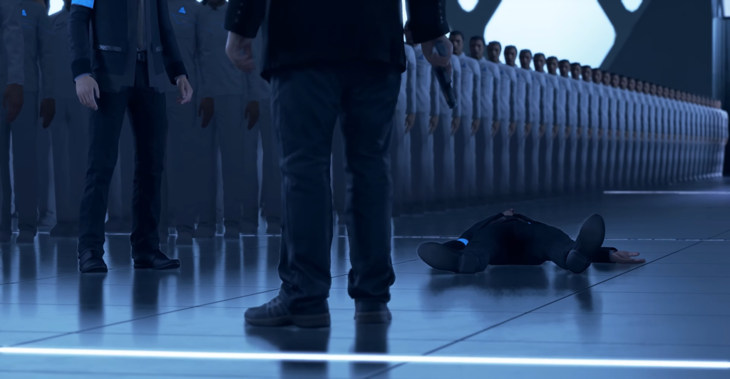 Man lying on floor before uniformed line indoors