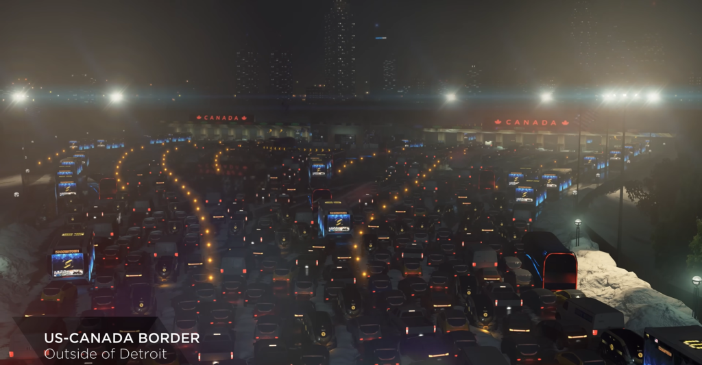 Cars queue at US-Canada border crossing at night
