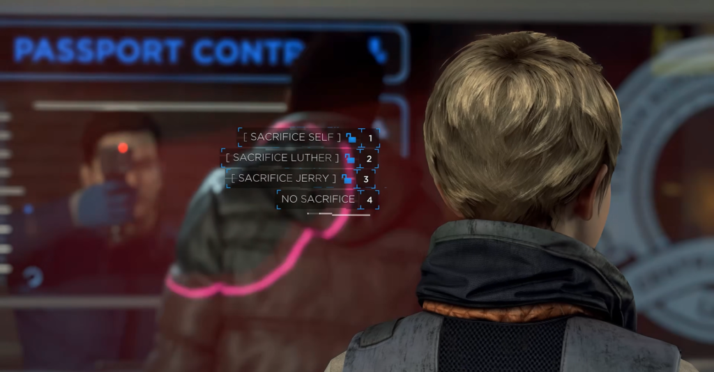 Blond boy faces game menu with sacrifice options