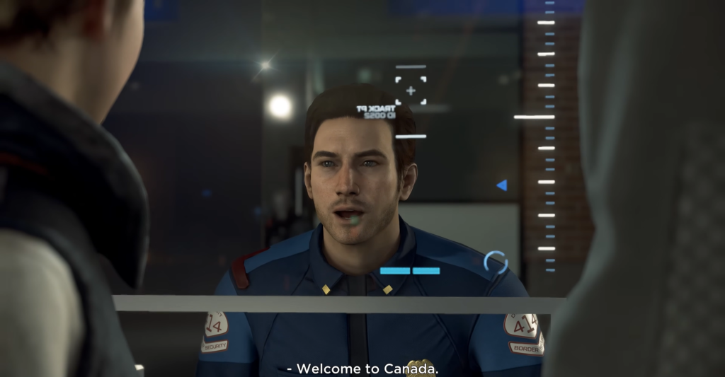 Border officer speaks at checkpoint window in Detroit: Become Human