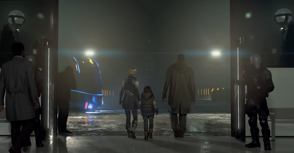 Family walks toward blue bus at night terminal
