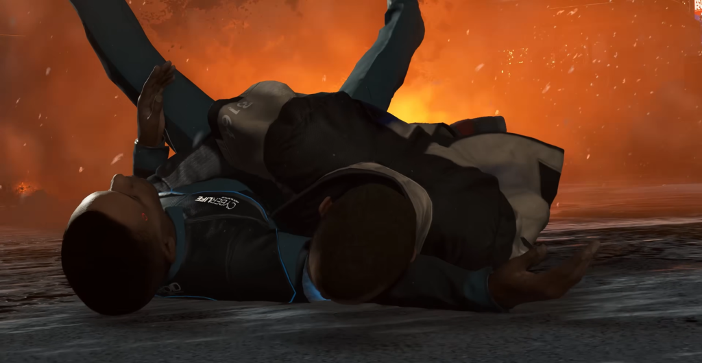 Two androids grapple on ground amid orange fire background