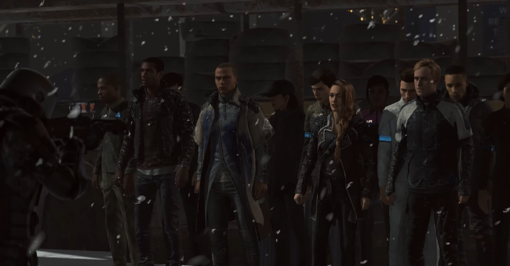 Detroit: Become Human androids stand in snowy street