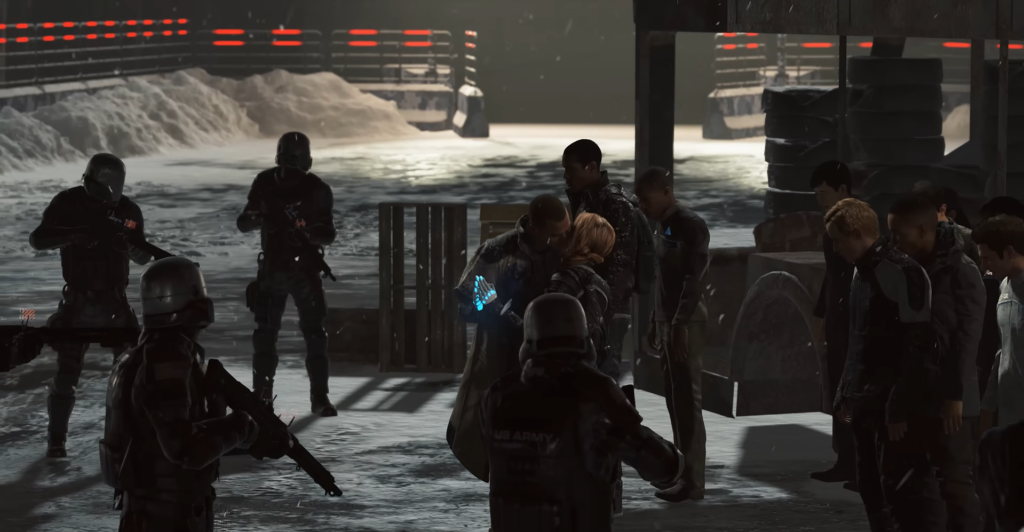 Soldiers surround androids in snowy industrial yard at night
