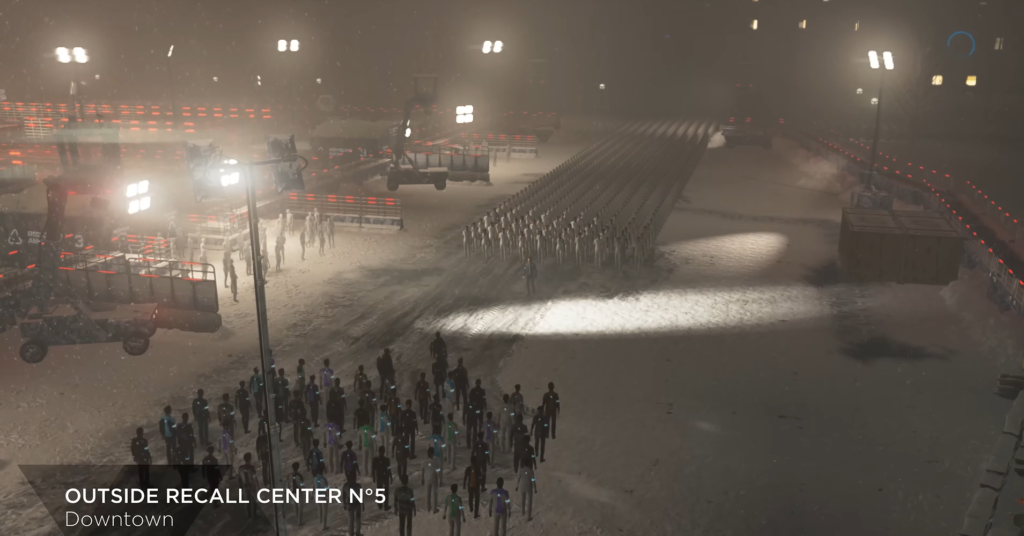 Androids march in formation at snowy recall center