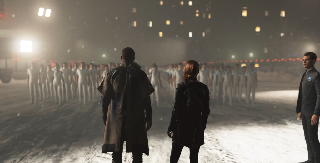 Markus and North face android crowd in snowy street