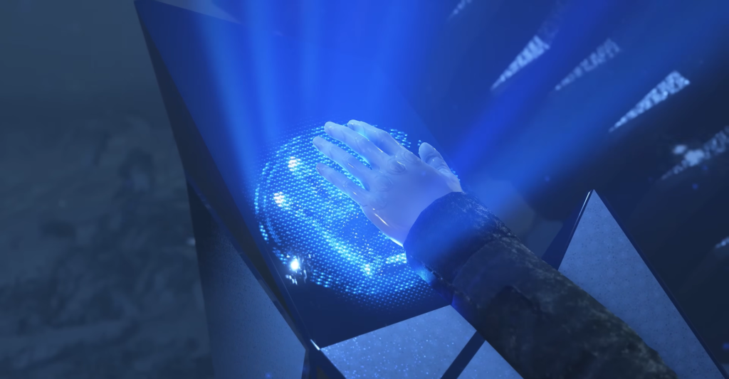 Hand scanning blue holographic fingerprint on futuristic console