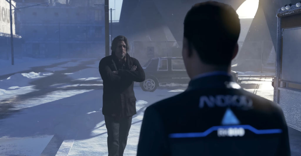 Connor from Detroit: Become Human faces Hank outside snowy building
