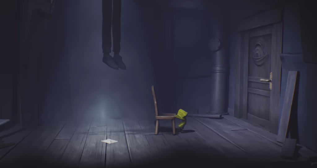 Six from Little Nightmares hiding behind chair indoors