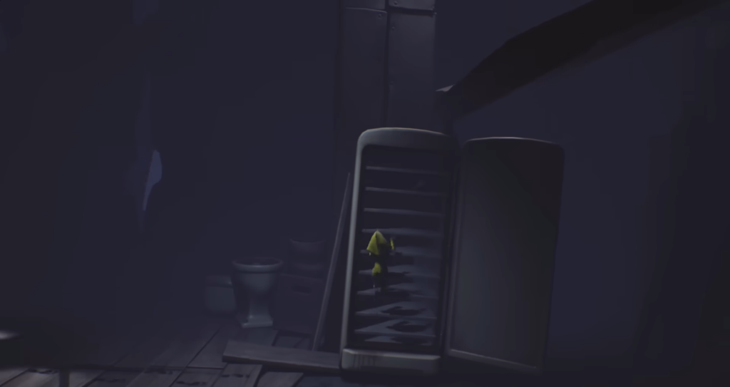 Six from Little Nightmares climbs a vent ladder indoors