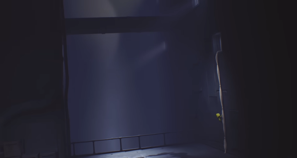 Yellow raincoat figure peeks from doorway in dark room