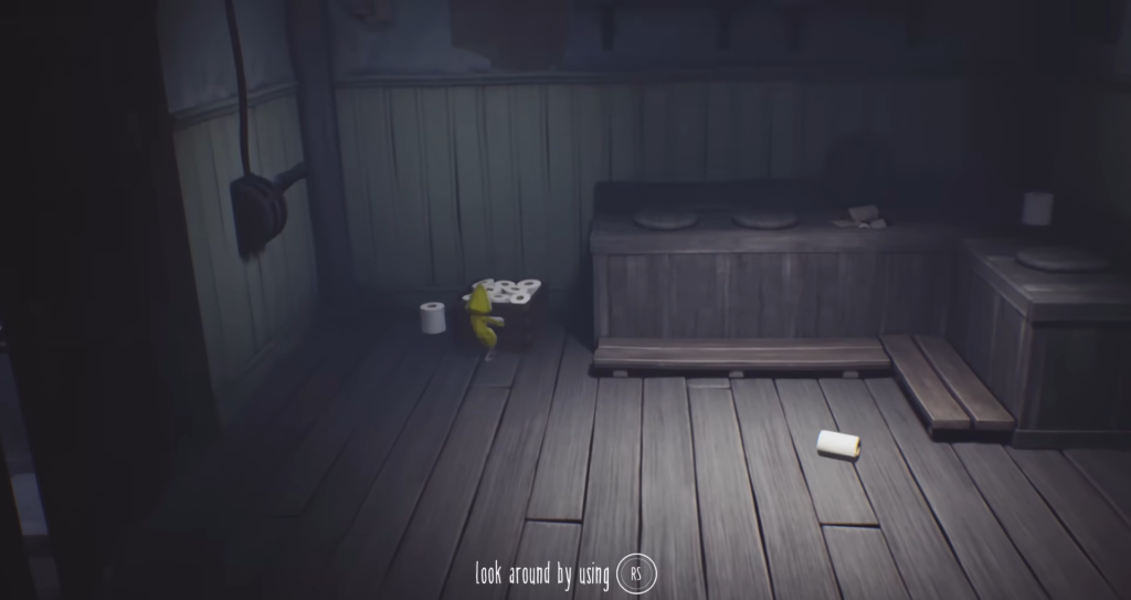Six from Little Nightmares carrying toilet paper in bathroom