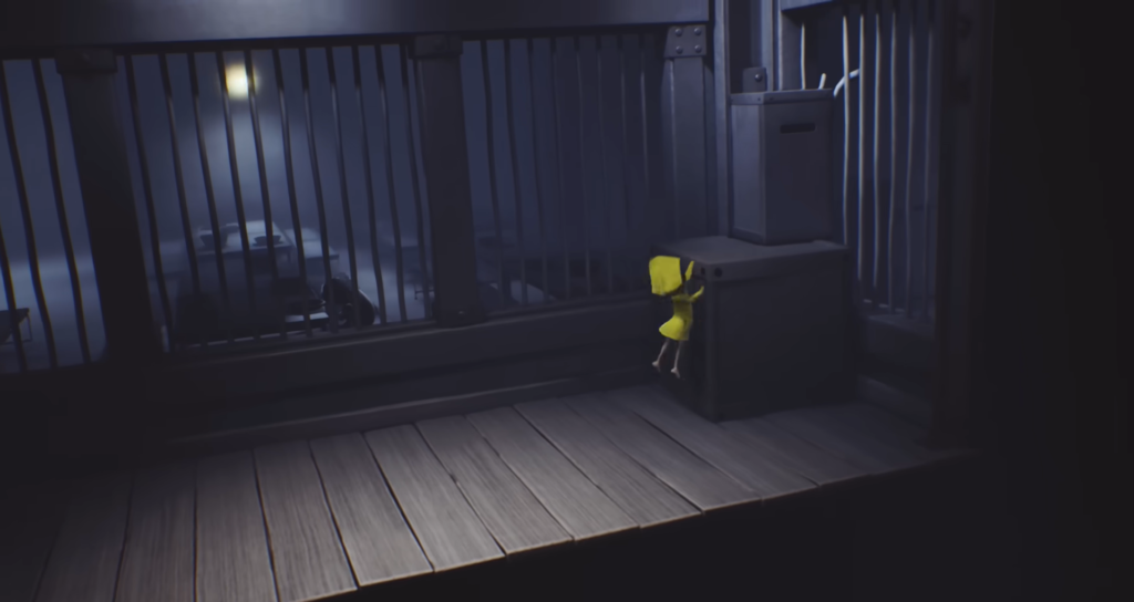 Six from Little Nightmares climbing box in cage room
