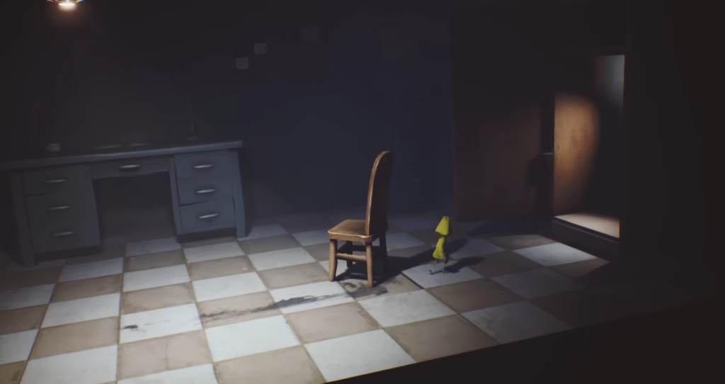 Six from Little Nightmares walking in tiled kitchen