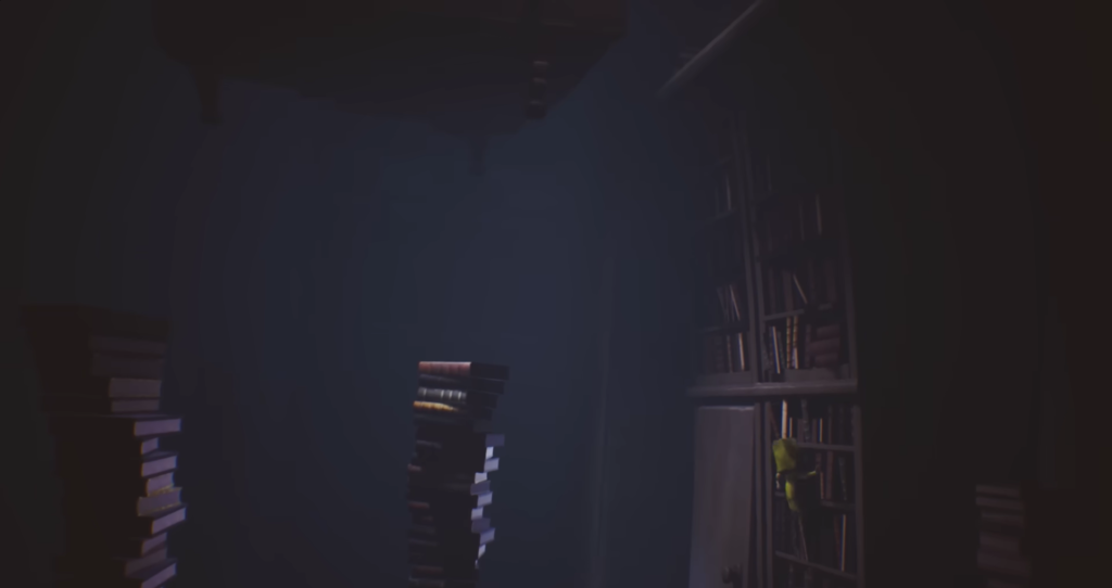 Small figure climbs bookshelf in dark library