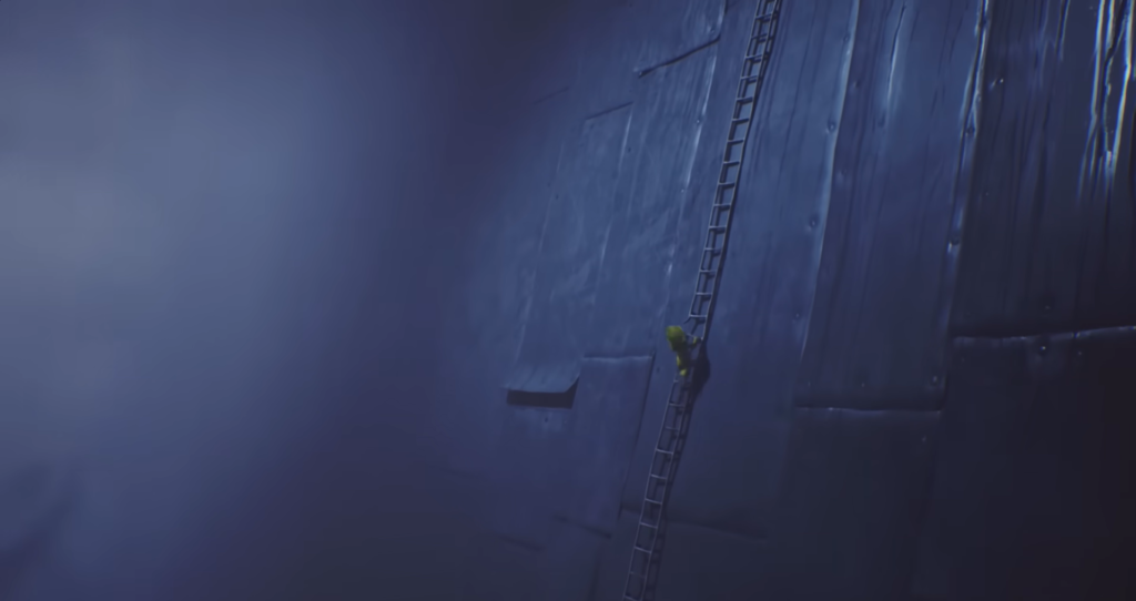 Yellow raincoat figure climbing ladder on blue wall